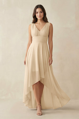 Champagne V-Neck High-Low Chiffon Bridesmaid Dress | KISSBRIDAL