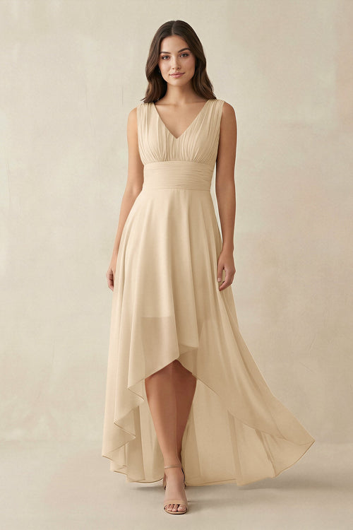Champagne V-Neck High-Low Chiffon Bridesmaid Dress | KISSBRIDAL