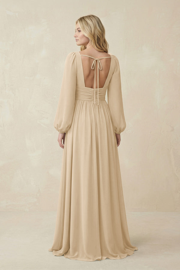 Champagne V-Neck Long Sleeve A-Line Chiffon Bridesmaid Dress (2) | KISSBRIDAL