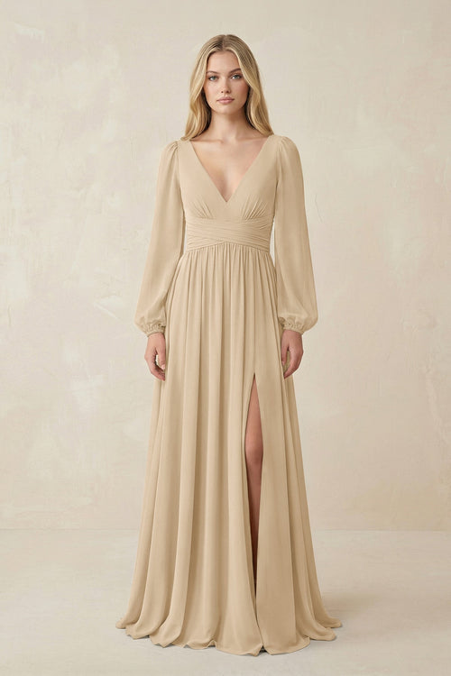 Champagne V-Neck Long Sleeve A-Line Chiffon Bridesmaid Dress | KISSBRIDAL