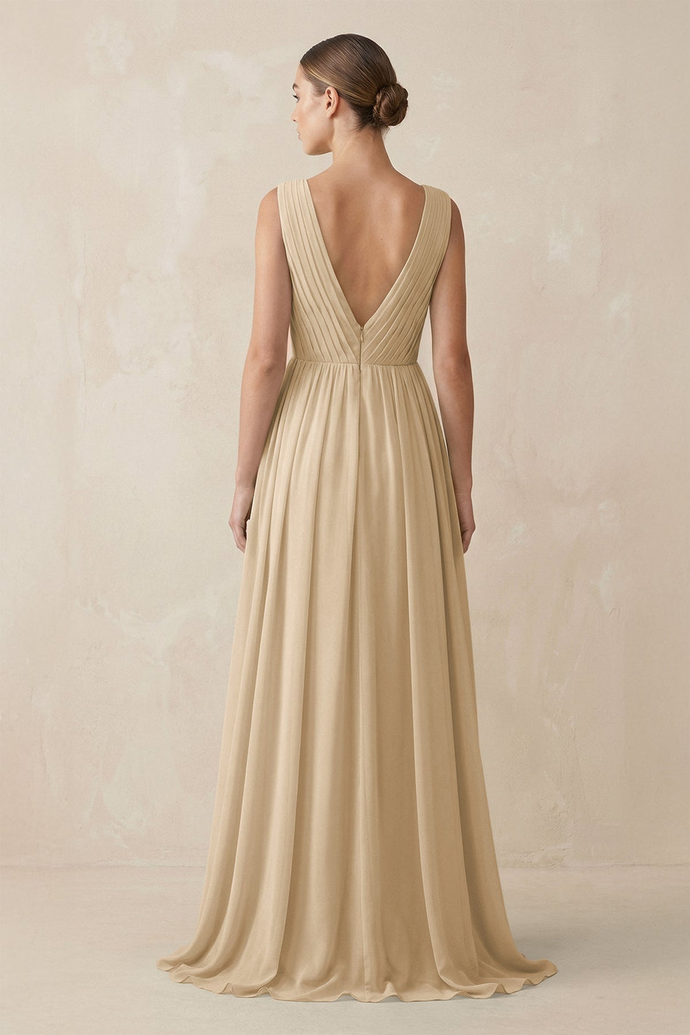 V-Neck Pleated A-Line Chiffon Bridesmaid Dress in Champagne