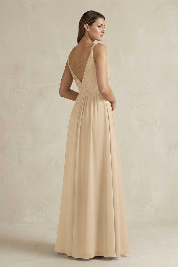 Champagne V-Neck Pleated A-Line Chiffon Bridesmaid Dress (2) | KISSBRIDAL