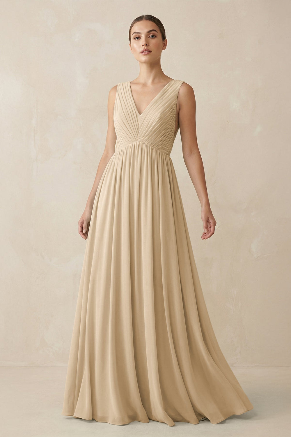 V-Neck Pleated A-Line Chiffon Bridesmaid Dress in Champagne