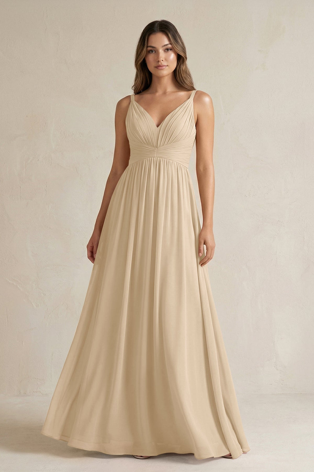 V-Neck Pleated A-Line Chiffon Bridesmaid Dress in Champagne