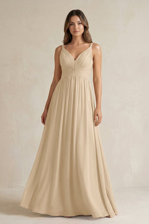Champagne V-Neck Pleated A-Line Chiffon Bridesmaid Dress | KISSBRIDAL