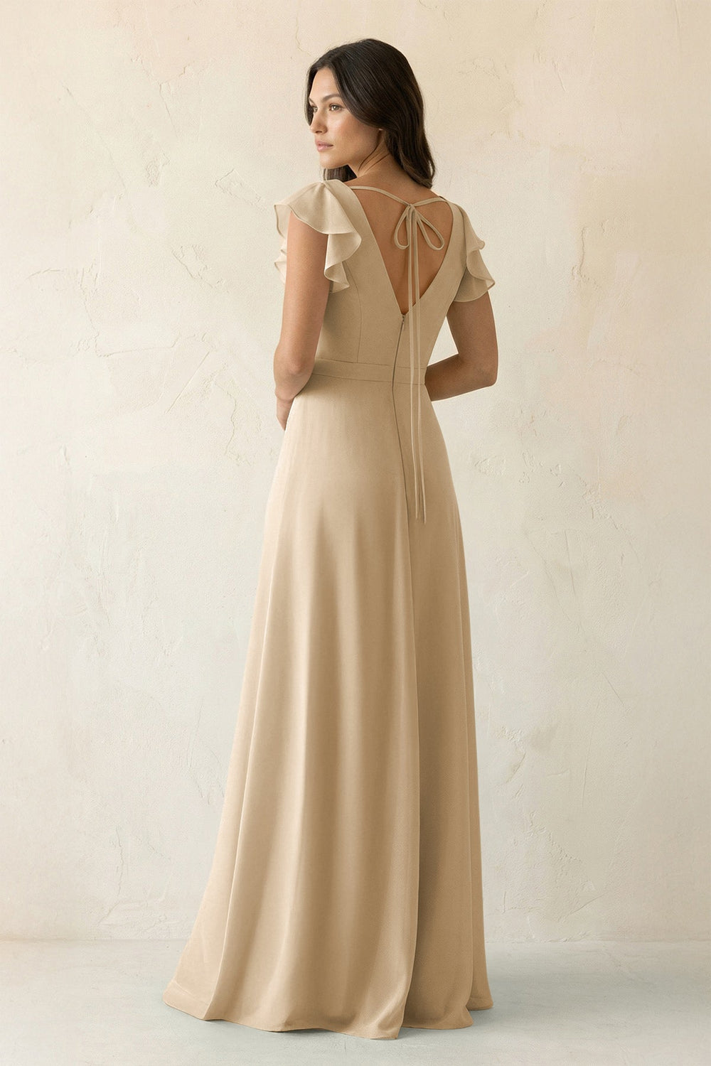 V-Neck Ruffled A-Line Chiffon Bridesmaid Dress in Champagne