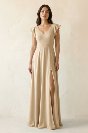 Champagne V-Neck Ruffled A-Line Chiffon Bridesmaid Dress | KISSBRIDAL