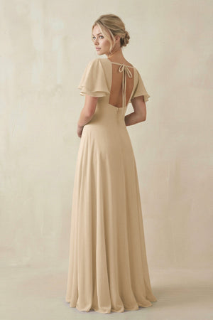 Champagne V-Neck Ruffled Short Sleeves A-Line Bridesmaid Dress (2) | KISSBRIDAL