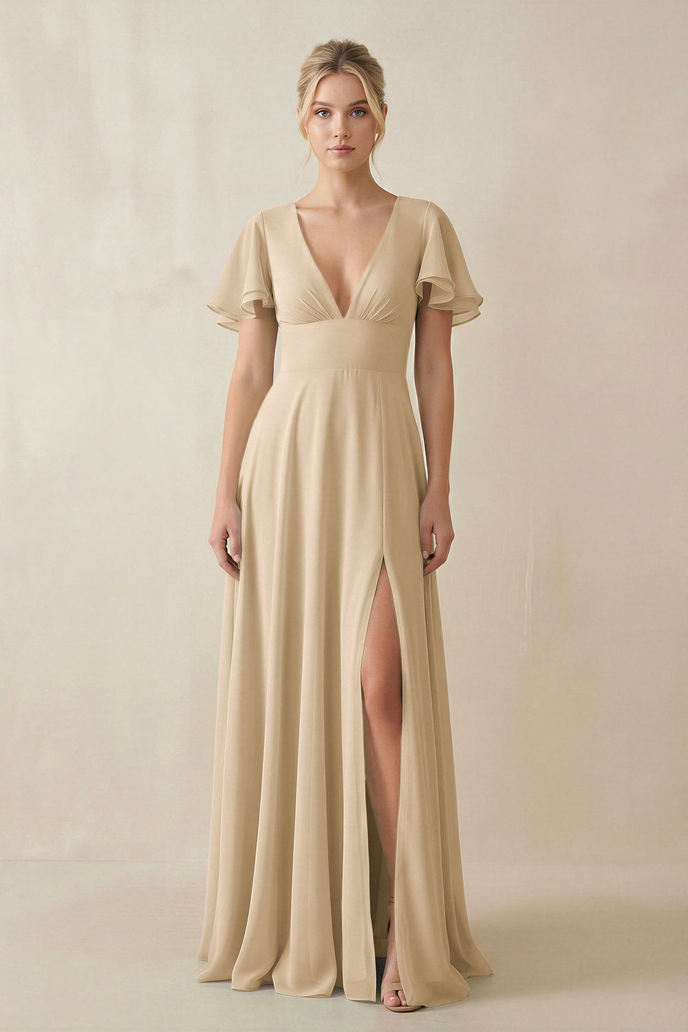 V-Neck Ruffled Short Sleeves A-Line Bridesmaid Dress in Champagne