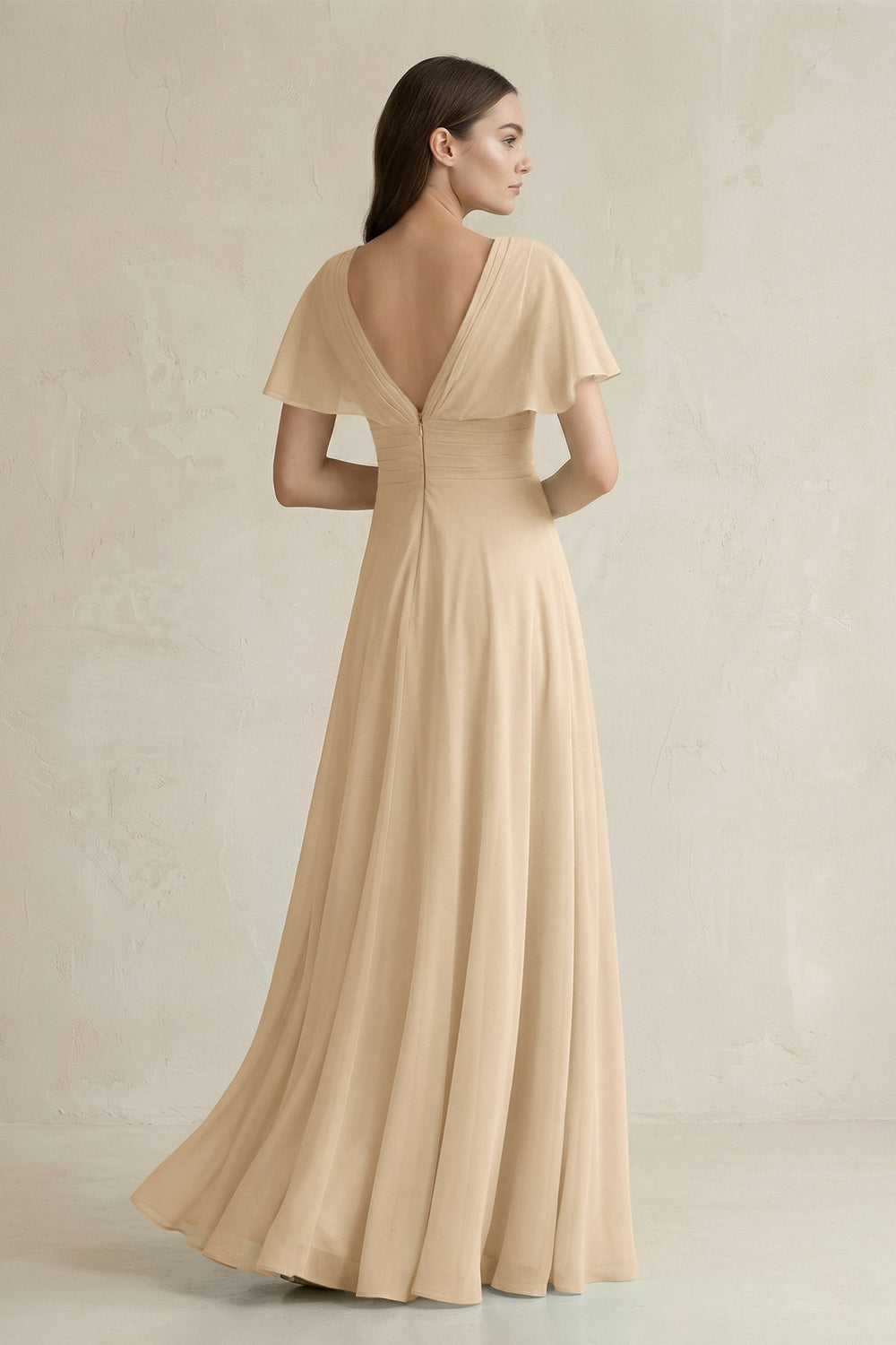 V-Neck Ruffled Sleeve A-Line Chiffon Bridesmaid Dress in Champagne