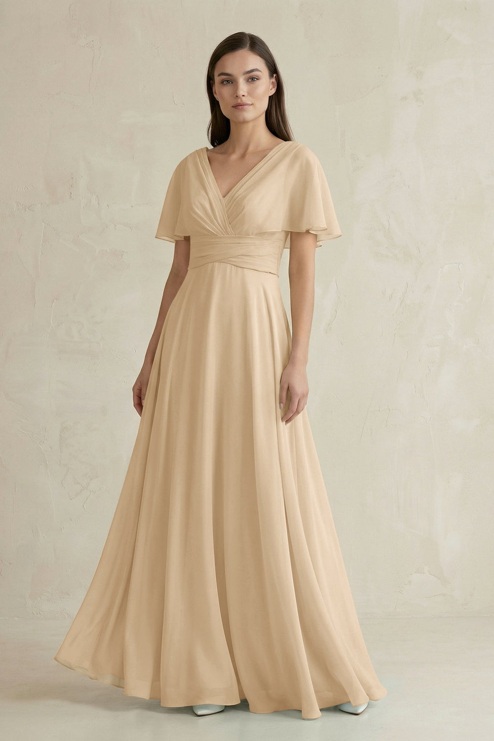 V-Neck Ruffled Sleeve A-Line Chiffon Bridesmaid Dress in Champagne