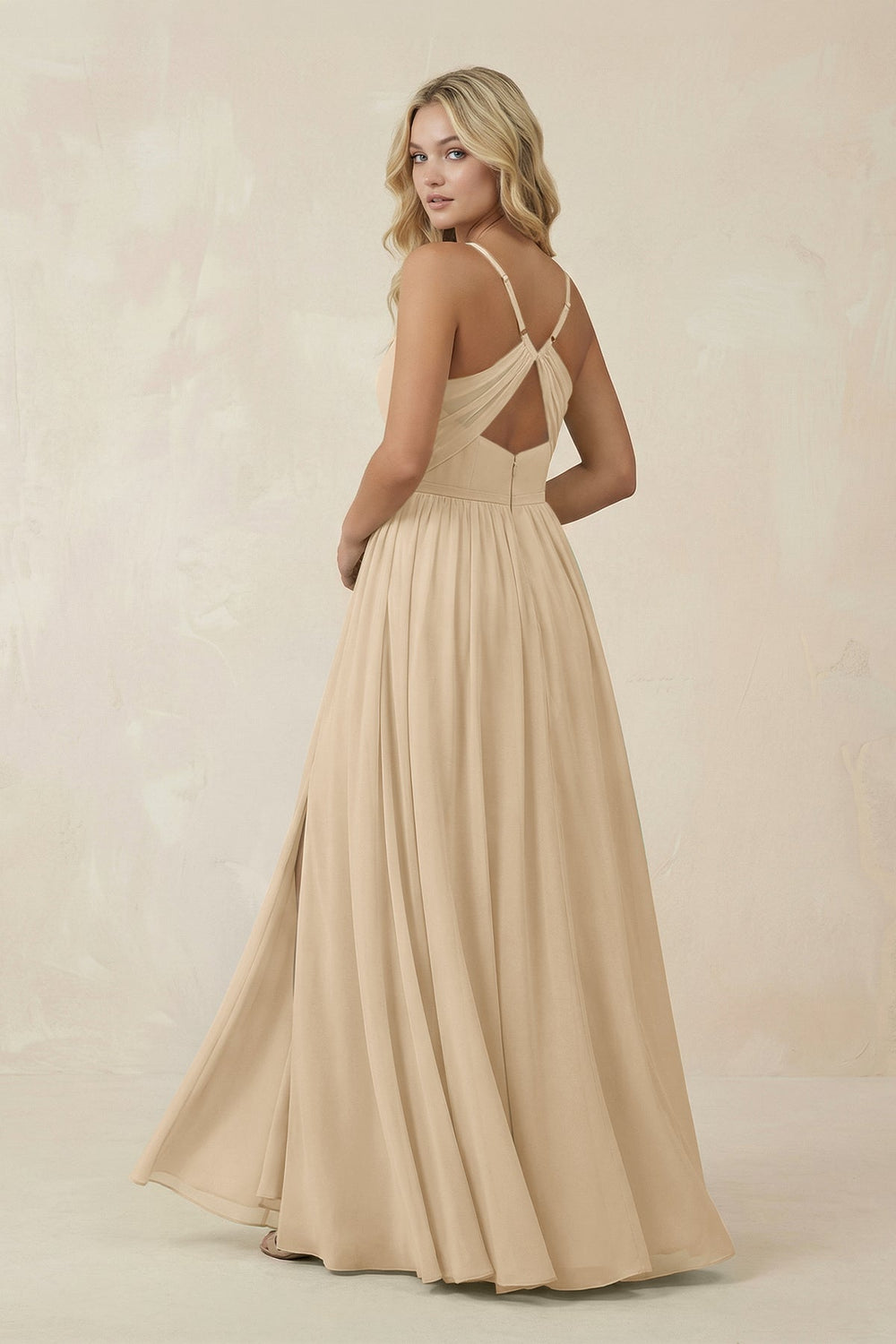 V-Neck Spaghetti Strap A-Line Chiffon Bridesmaid Dress in Champagne