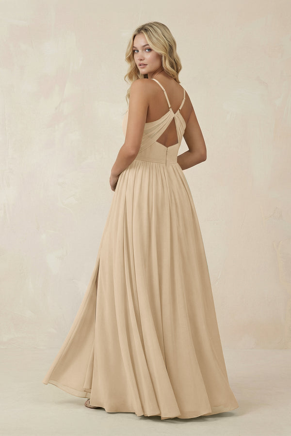 Champagne V-Neck Spaghetti Strap A-Line Chiffon Bridesmaid Dress (2) | KISSBRIDAL