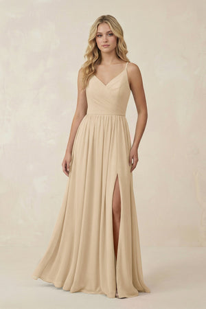 Champagne V-Neck Spaghetti Strap A-Line Chiffon Bridesmaid Dress | KISSBRIDAL