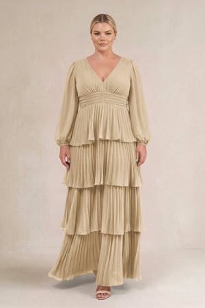 Champagne V-Neck Tiered A-Line Long Sleeve Bridesmaid Dress (3) [sizeplus] | KISSBRIDAL