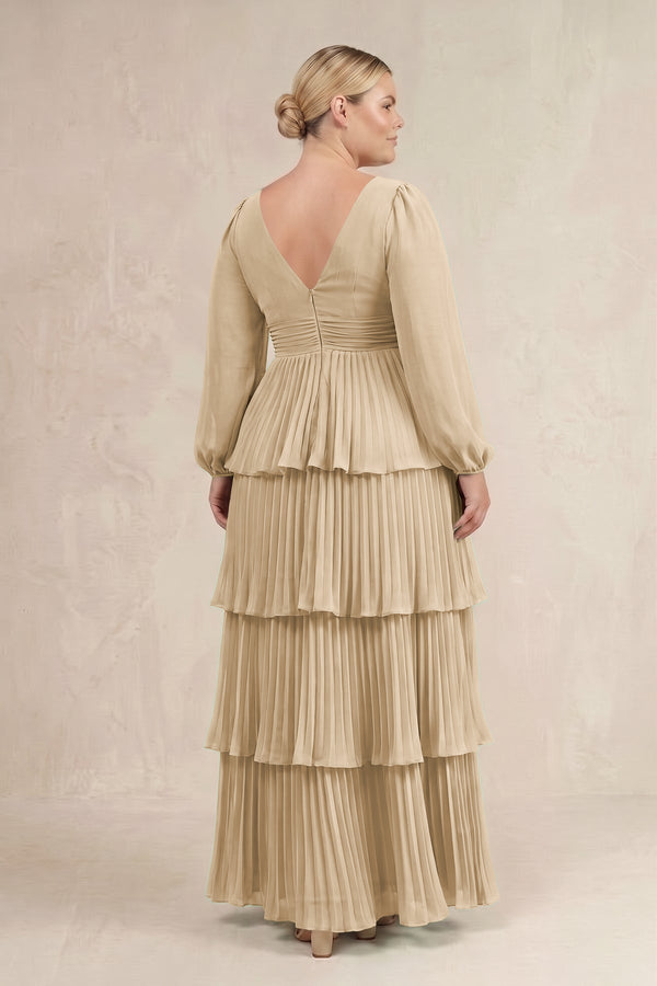 Champagne V-Neck Tiered A-Line Long Sleeve Bridesmaid Dress (4) [sizeplus] | KISSBRIDAL