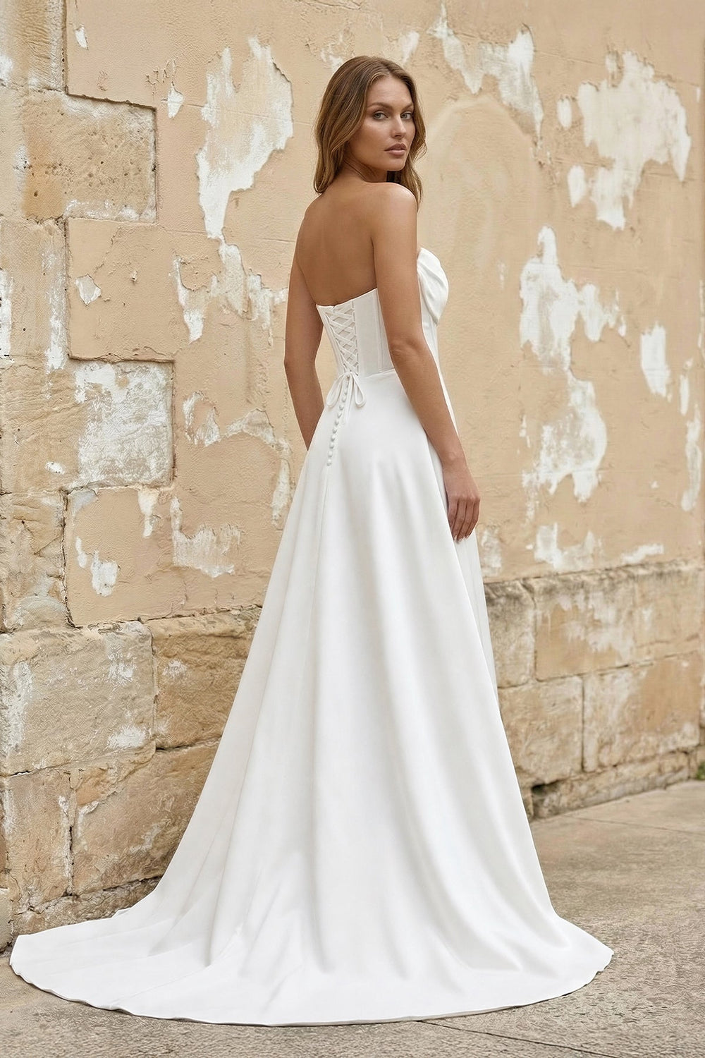 Strapless A Line Satin Wedding Dress With Slit in White