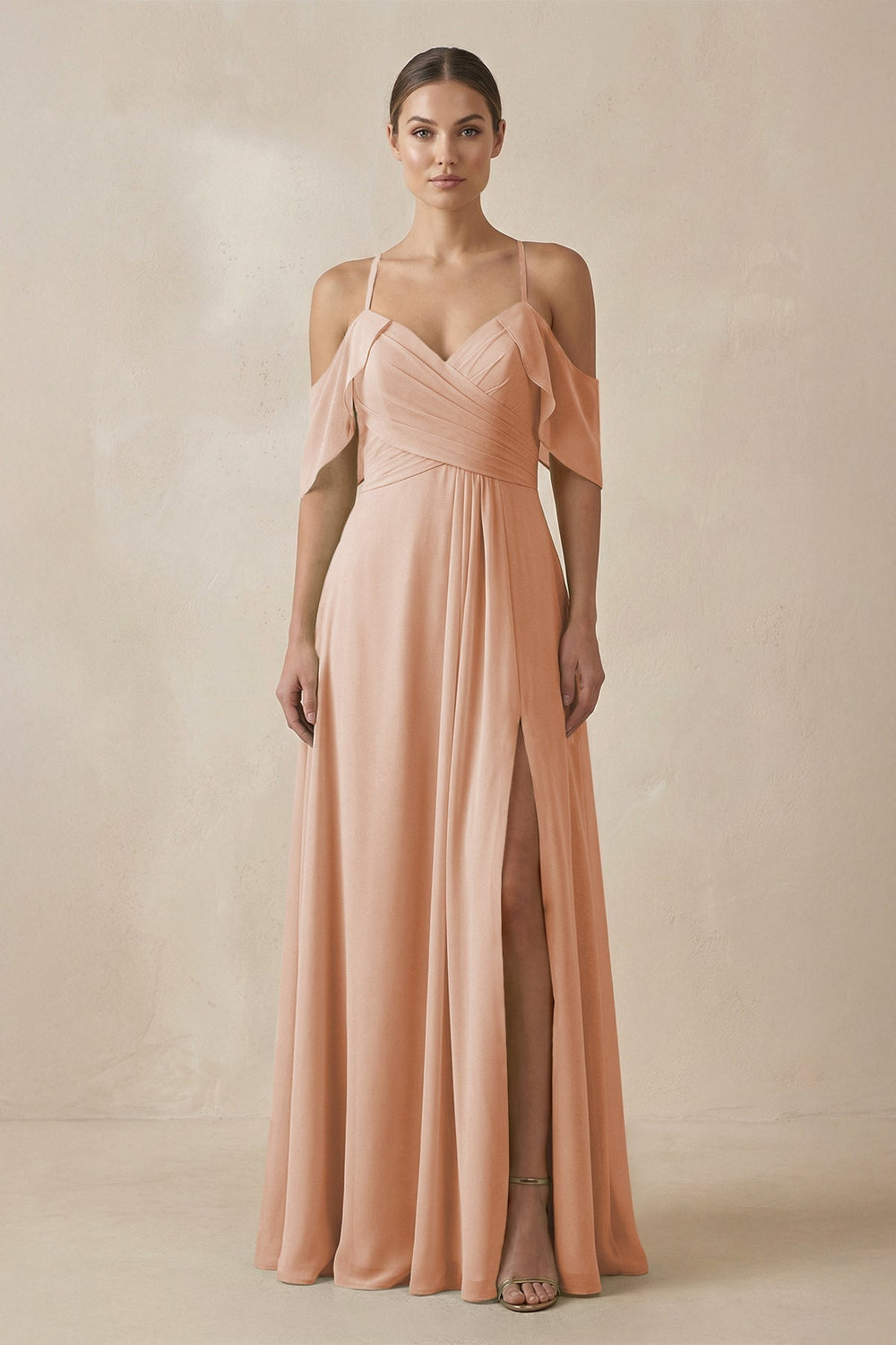 Chiffon A-Line Long Bridesmaid Dress in Champagne Rose