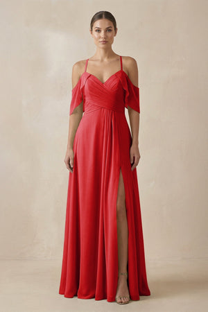 Chiffon A - Line Long Bridesmaid Dress in Ruby Red - KISS BRIDAL Bridesmaid Dresses