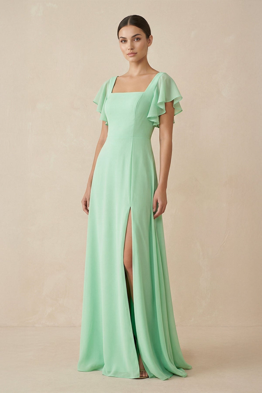 Chiffon A-Line Long Bridesmaid Dress with Flutter Sleeves in Pale Pistachio