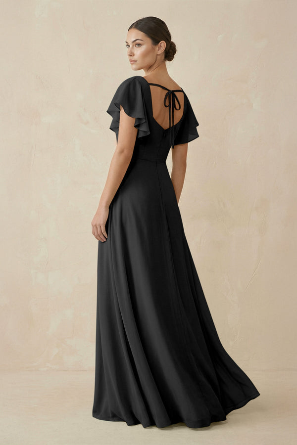 Chiffon A - Line Long Bridesmaid Dress with Flutter Sleeves in Black - KISS BRIDAL Bridesmaid Dresses