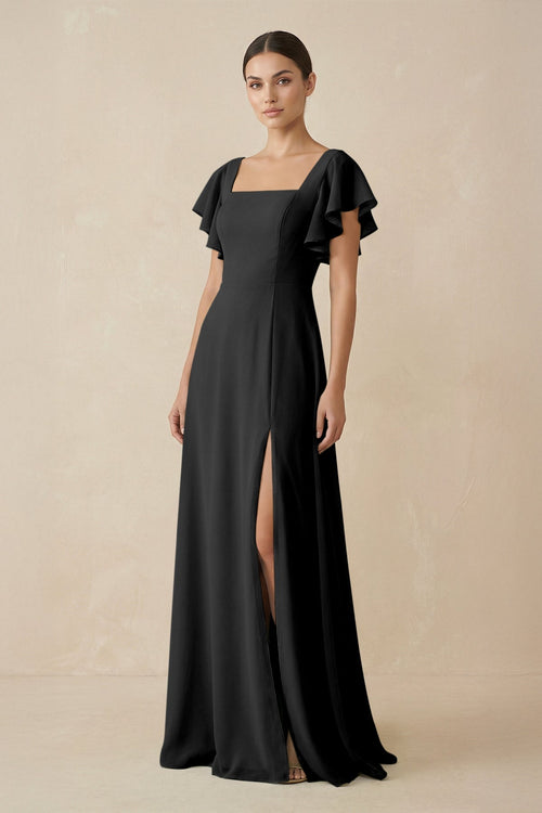Chiffon A - Line Long Bridesmaid Dress with Flutter Sleeves in Black - KISS BRIDAL Bridesmaid Dresses