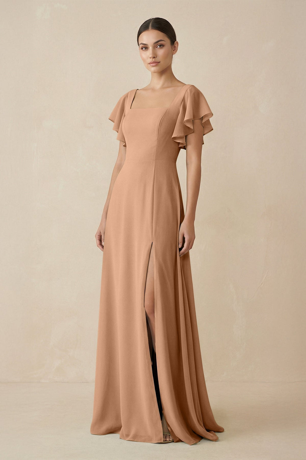 Chiffon A-Line Long Bridesmaid Dress with Flutter Sleeves in Bronzer