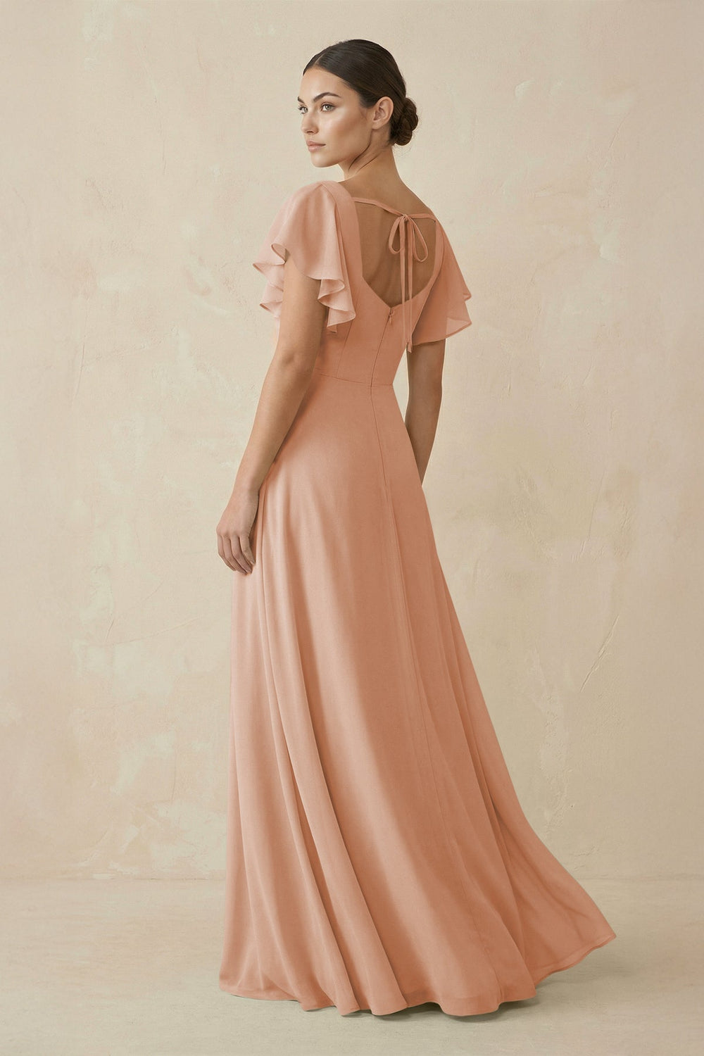 Chiffon A-Line Long Bridesmaid Dress with Flutter Sleeves in Champagne Rose