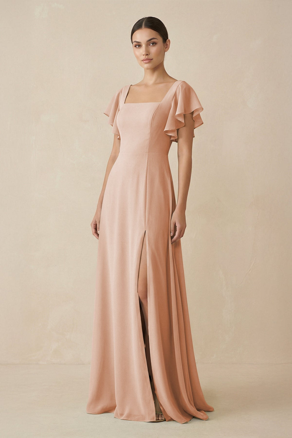 Chiffon A-Line Long Bridesmaid Dress with Flutter Sleeves in Champagne Rose