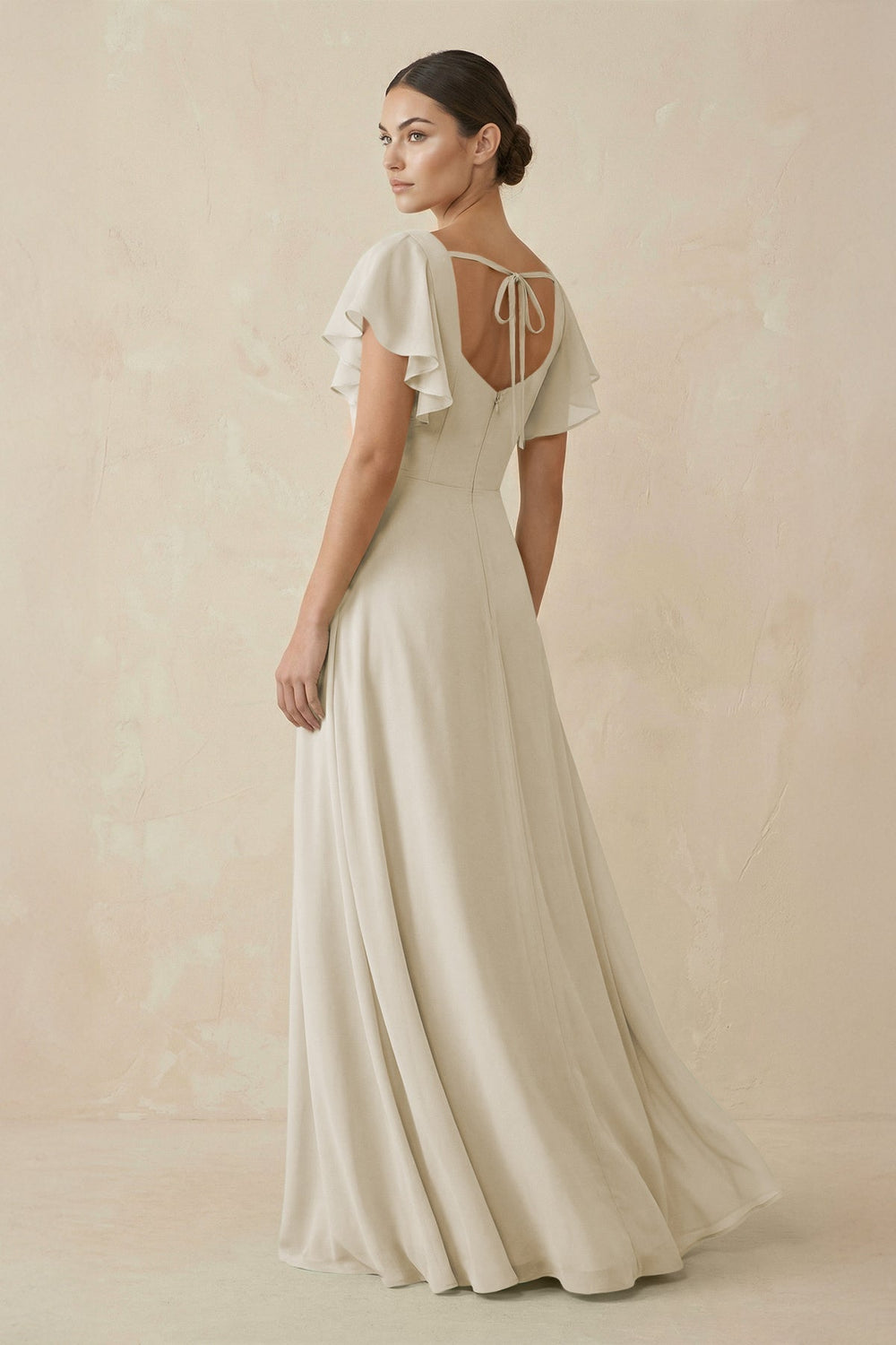 Chiffon A-Line Long Bridesmaid Dress with Flutter Sleeves in Dove Gray