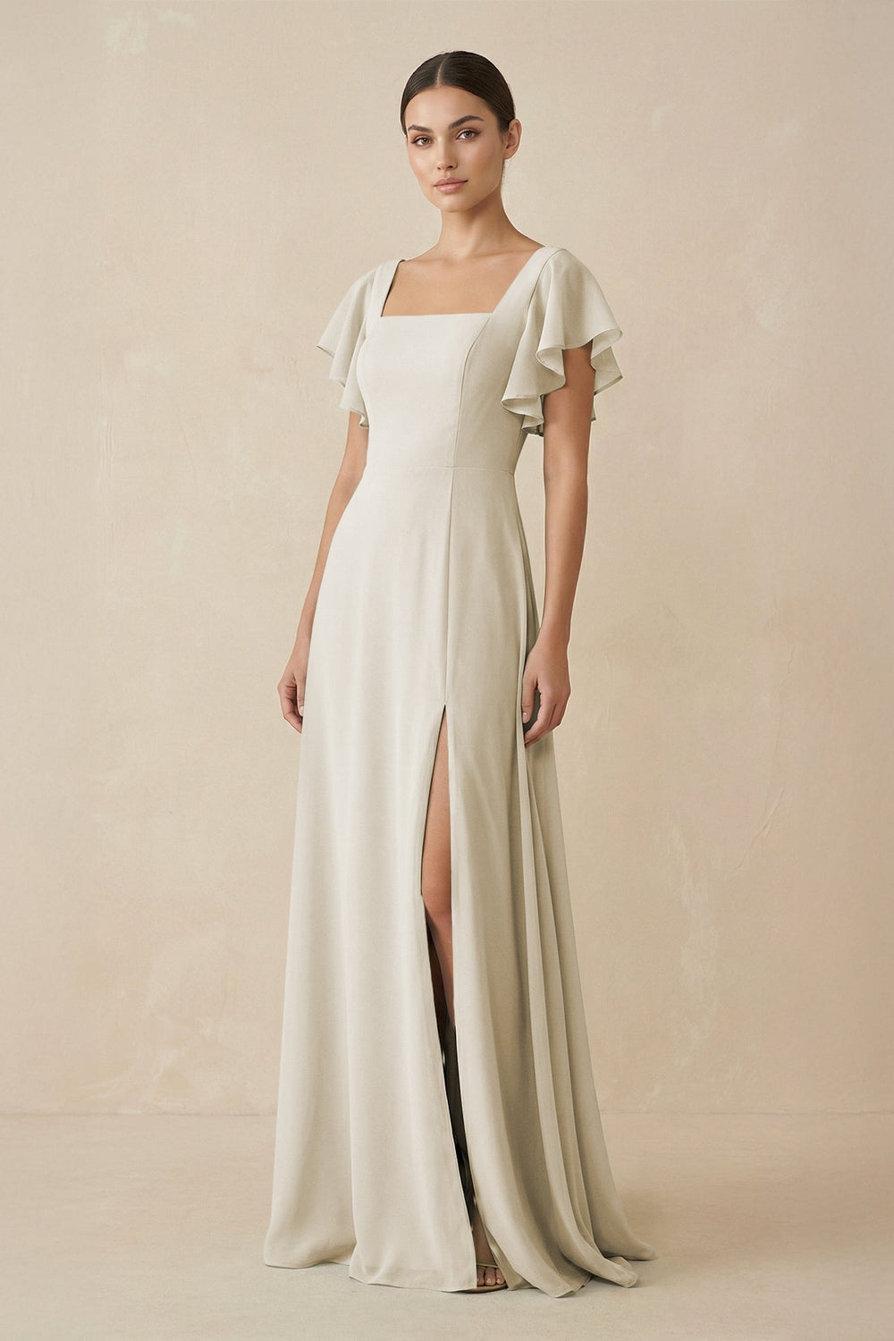 Chiffon A-Line Long Bridesmaid Dress with Flutter Sleeves in Dove Gray