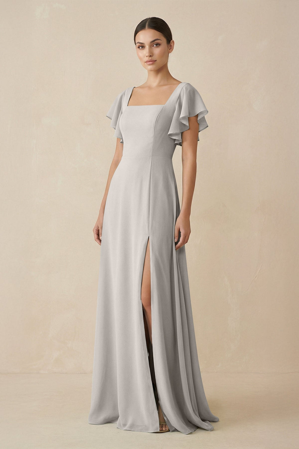 Chiffon A-Line Long Bridesmaid Dress with Flutter Sleeves in Silver