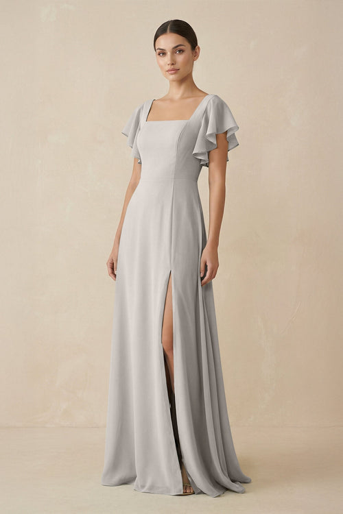 Chiffon A - Line Long Bridesmaid Dress with Flutter Sleeves in Silver - KISS BRIDAL Bridesmaid Dresses