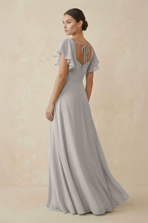 Chiffon A - Line Long Bridesmaid Dress with Flutter Sleeves in Silver - KISS BRIDAL Bridesmaid Dresses