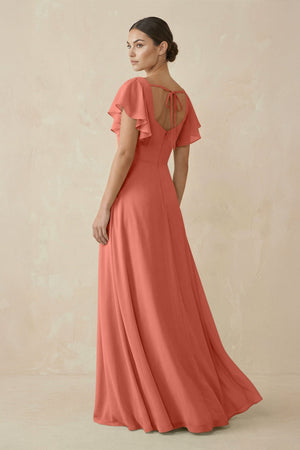 Chiffon A - Line Long Bridesmaid Dress with Flutter Sleeves in Wild Rose - KISS BRIDAL Bridesmaid Dresses