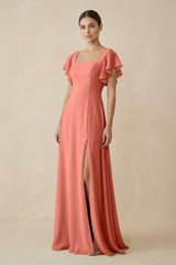 Chiffon A - Line Long Bridesmaid Dress with Flutter Sleeves in Wild Rose - KISS BRIDAL Bridesmaid Dresses