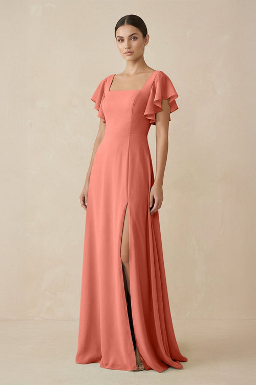 Chiffon A - Line Long Bridesmaid Dress with Flutter Sleeves in Wild Rose - KISS BRIDAL Bridesmaid Dresses