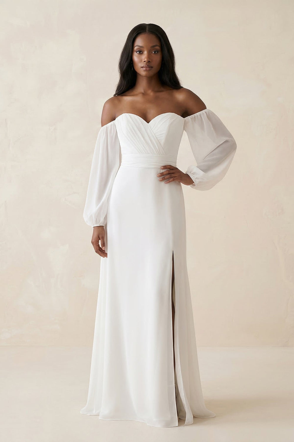 Chiffon Off-the-Shoulder Wedding Dress With Slit in White