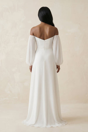 Chiffon A - Line Off - the - Shoulder Wedding Dress With Slit in White - KISS BRIDAL Wedding Dresses