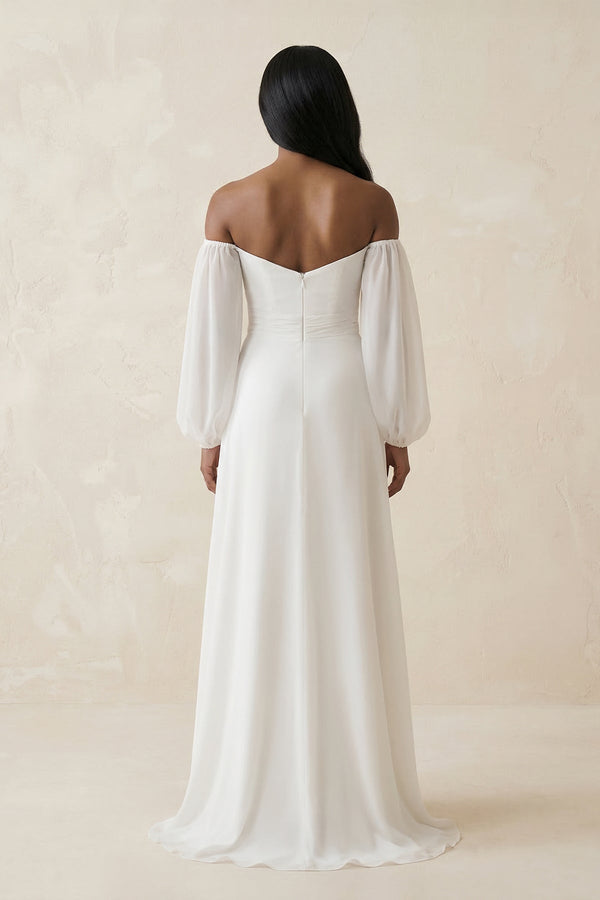 Chiffon A - Line Off - the - Shoulder Wedding Dress With Slit in White - KISS BRIDAL Wedding Dresses