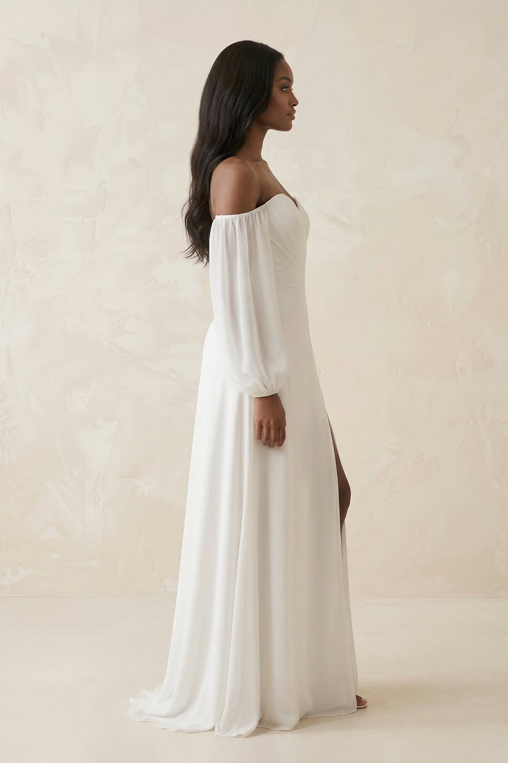 Chiffon Off-the-Shoulder Wedding Dress With Slit in White
