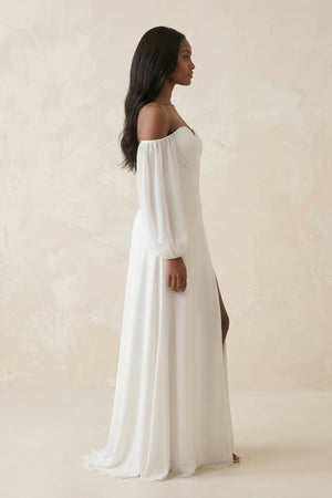 Chiffon A - Line Off - the - Shoulder Wedding Dress With Slit in White - KISS BRIDAL Wedding Dresses