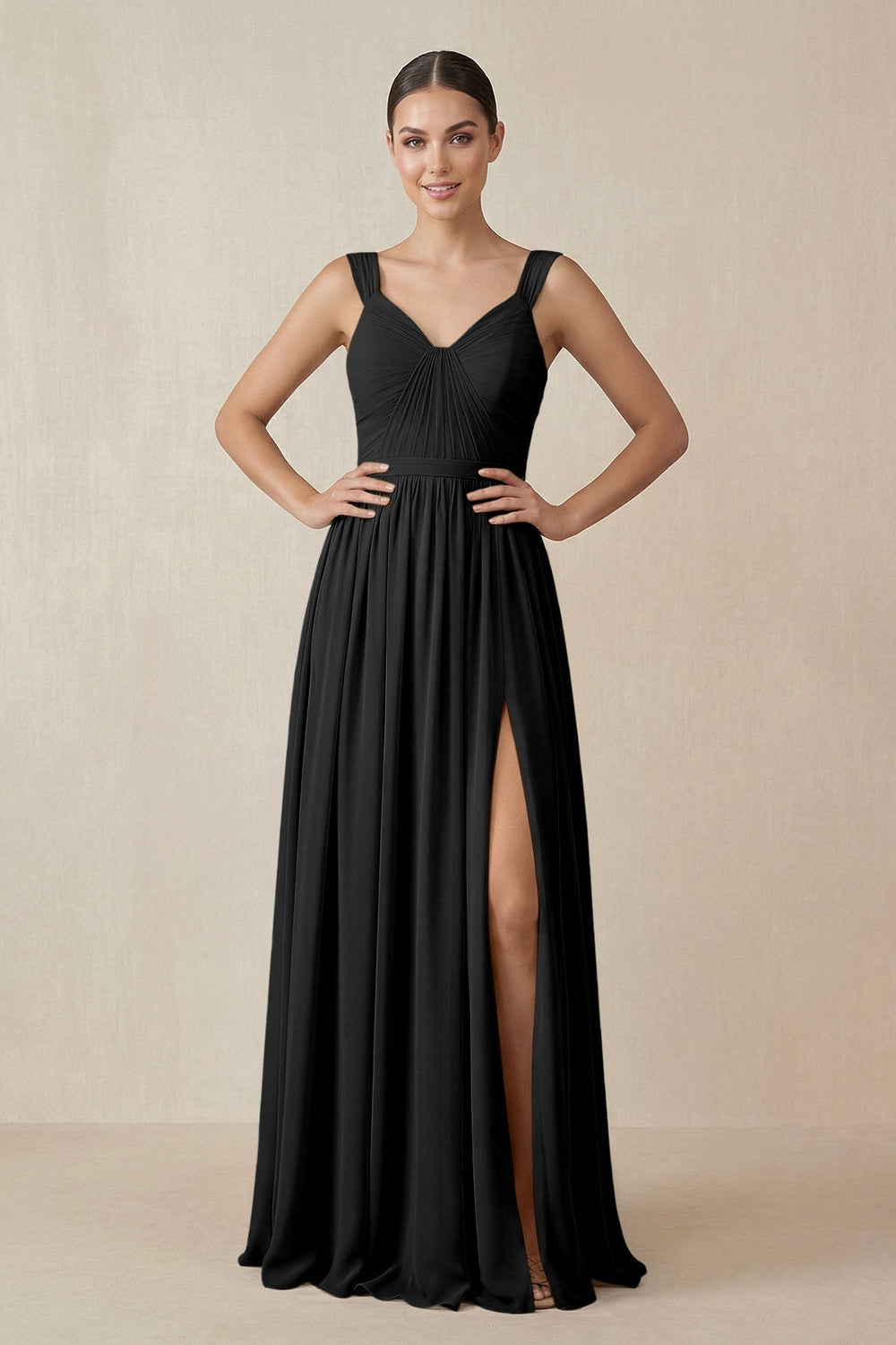 Chiffon A-Line Pleated Bridesmaid Dress in Black