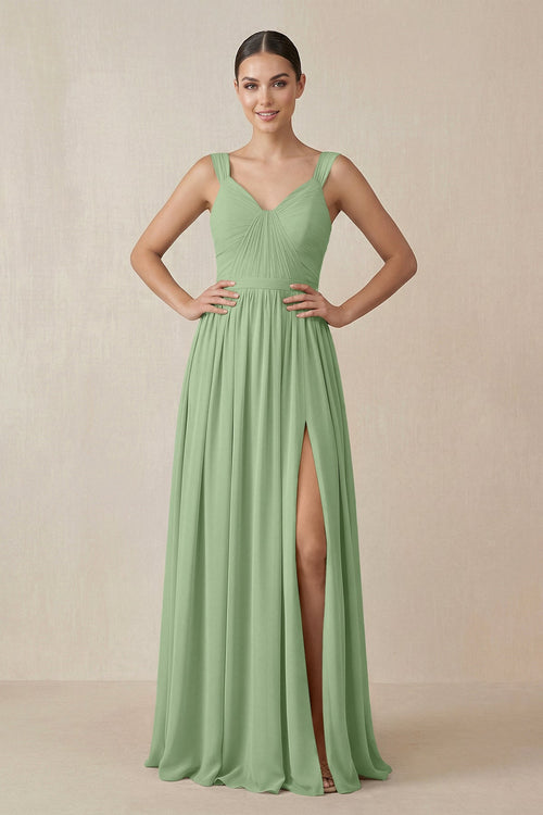 Chiffon A - Line Pleated Bridesmaid Dress in Matcha - KISS BRIDAL Bridesmaid Dresses