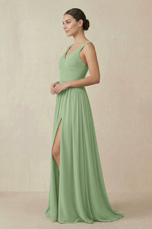 Chiffon A - Line Pleated Bridesmaid Dress in Matcha - KISS BRIDAL Bridesmaid Dresses