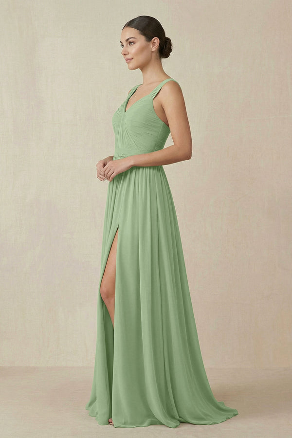 Chiffon A - Line Pleated Bridesmaid Dress in Matcha - KISS BRIDAL Bridesmaid Dresses