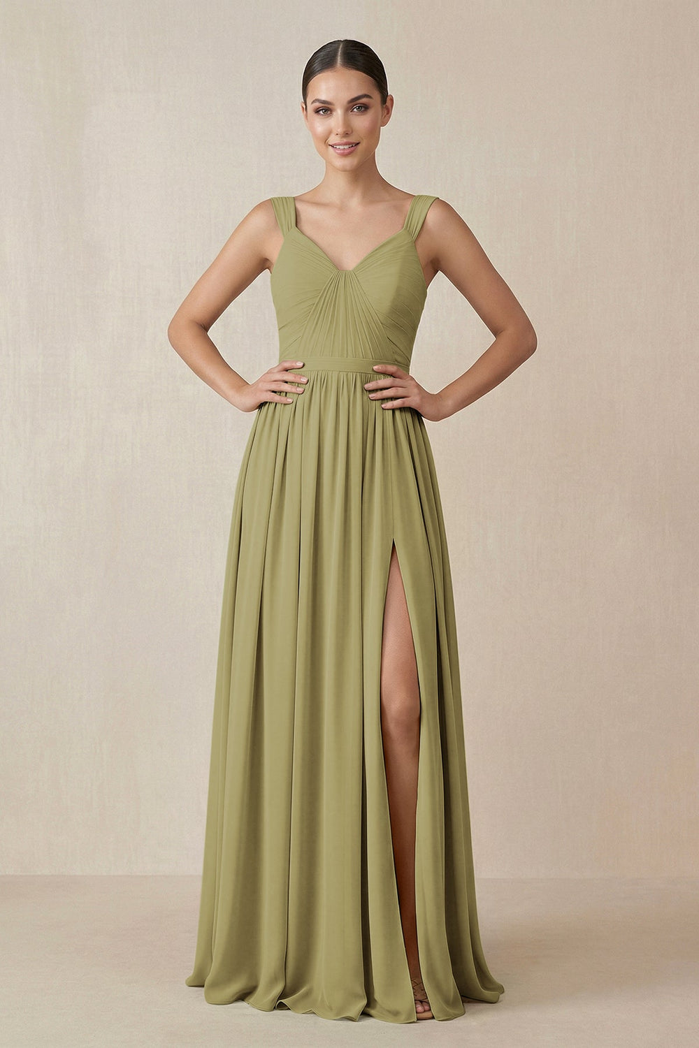 Chiffon A-Line Pleated Bridesmaid Dress in Moss Green
