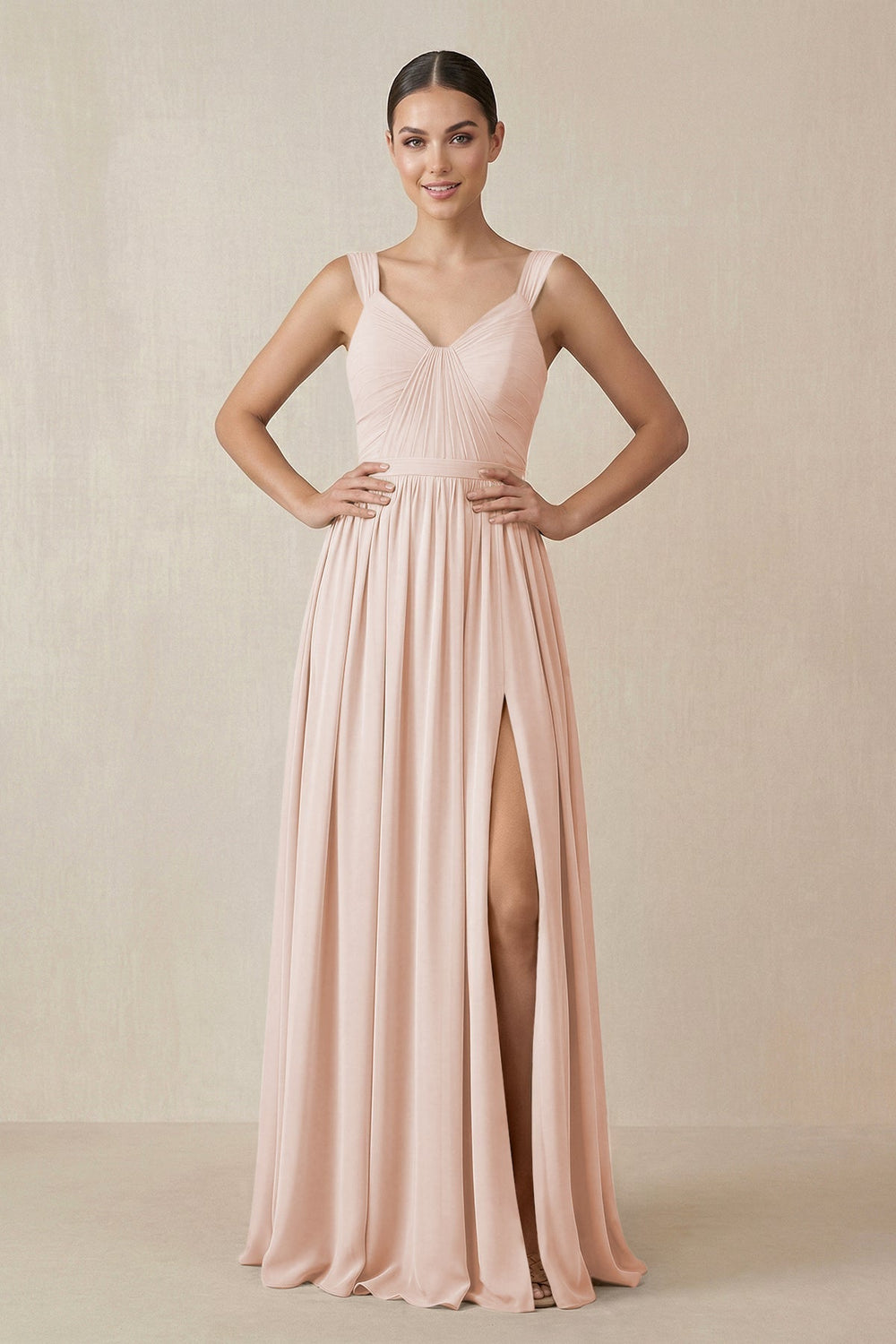 Chiffon A-Line Pleated Bridesmaid Dress in Pale Blush