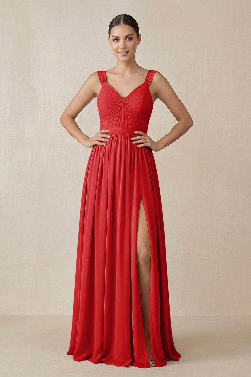 Chiffon A-Line Pleated Bridesmaid Dress in Ruby Red