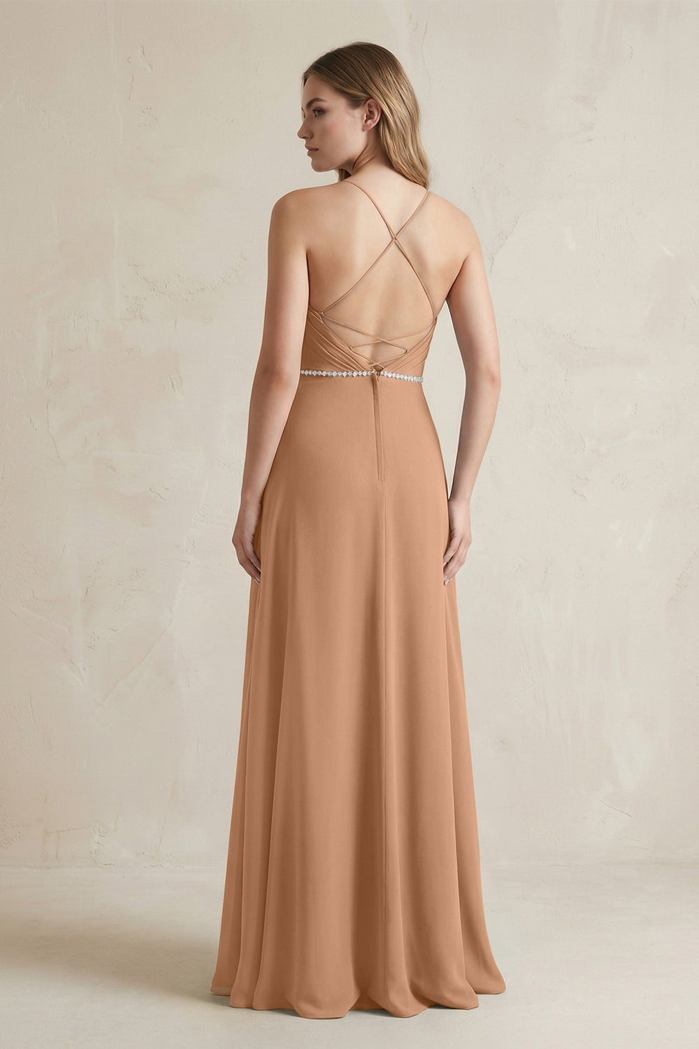 Chiffon A-Line Ruched Cami Strap Bridesmaid Dress  in Bronzer